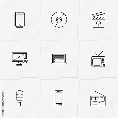 Media line icon set with television, compact disk and smart phone