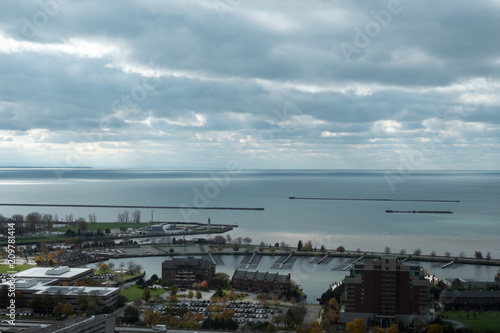 View of the Erie Basin waterfront in Buffalo New York. View of piers and boats from a high vantage point of Buffalo waterfront in upstate New York right before the rain comes.