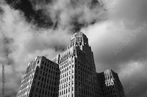 Art Deco Buffalo City Hall, seat of municipal government in downtown Buffalo New York. Art Deco masterpiece, tallest building in upstate New York, designed in 1931, black and white.