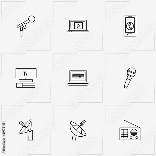 Media line icon set with laptop, smart phone and radio receiver