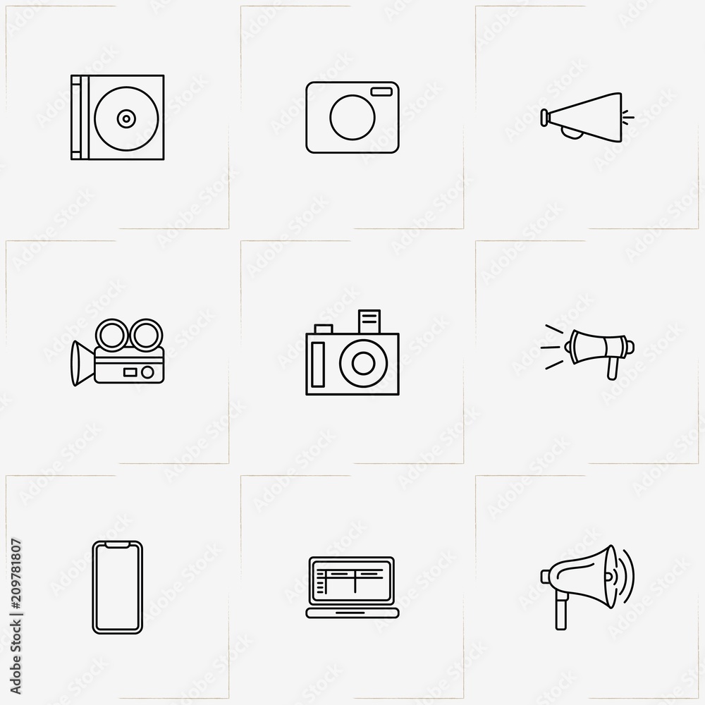 Media line icon set with video camera, photo camera and loudspeaker Media line icon set with video camera, photo camera and loudspeaker