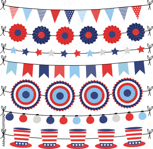 Set of bunting paper flags garlands. Party decorations, web banners in USA flag colors. Isolated vector illustrations, objects. Happy Independence day, 4th July national holiday design.