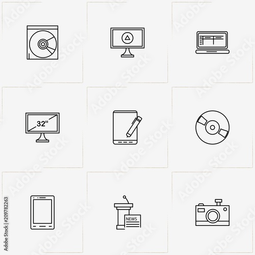 Media line icon set with politics news , compact disk and photo camera