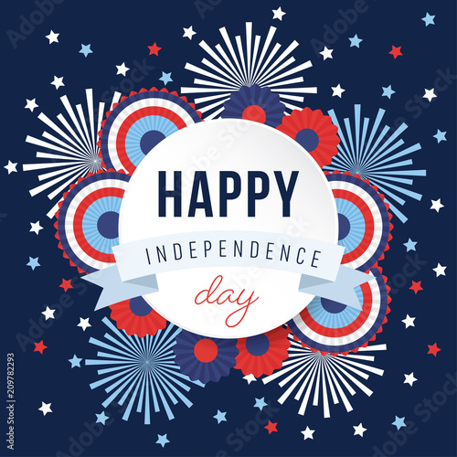 Happy Independence day, 4th July national holiday. Festive greeting card, invitation with fireworks and bunting party decorations in USA flag colors. Vector illustration background, web banner.