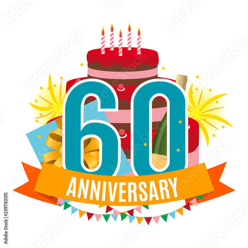 Template 60 Years Anniversary Congratulations, Greeting Card with Cake, Gift Box, Fireworks and Ribbon Invitation Vector Illustration