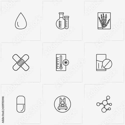 Medicine line icon set with capsule, patch  and roentgen hand
