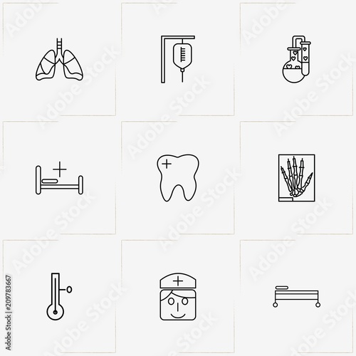 Medicine line icon set with roentgen hand , chemical flask  and drop counter