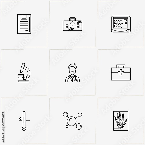 Medicine line icon set with roentgen hand , thermometer and heart beat monitor