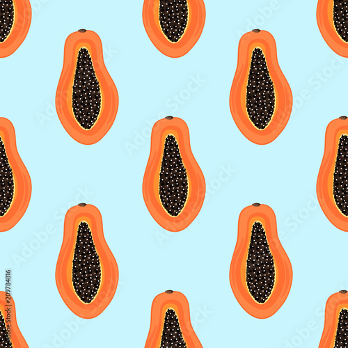 Seamless pattern with tropical fruits. Healthy dessert. Fruity background. Carica papaya. Exotic food. Wrapping paper, print on clothes, wallpaper, summer banner. Vector illustration, eps10
