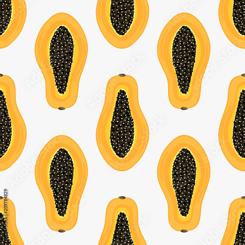 Seamless pattern with tropical fruits. Healthy dessert. Fruity background. Carica papaya. Exotic food. Wrapping paper, print on clothes, wallpaper, summer banner. Vector illustration, eps10