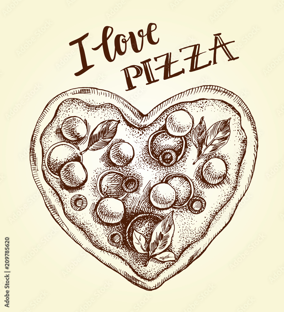 Fototapeta Pizza in the form of a heart. Italian cuisine. Ink hand drawn Vector illustration. Top view. Food element for menu design.