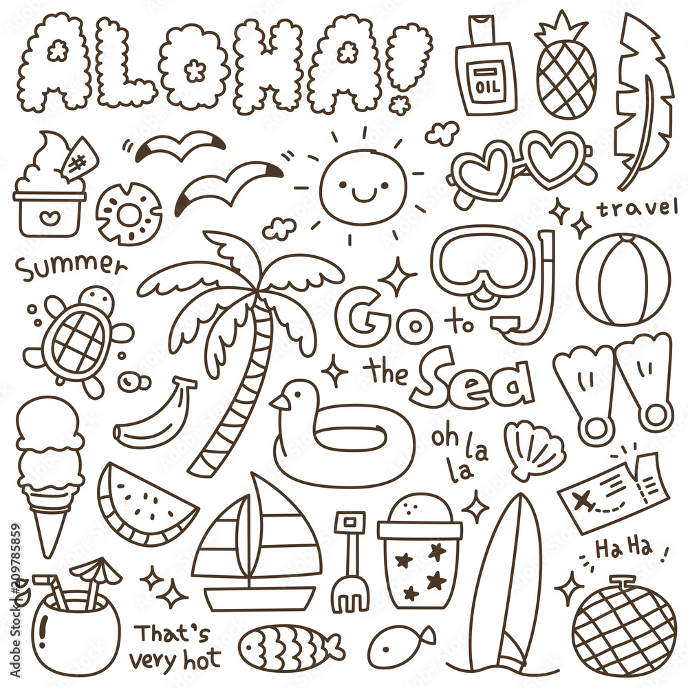 Set of Cute Summer Holiday Doodle Stock Vector | Adobe Stock