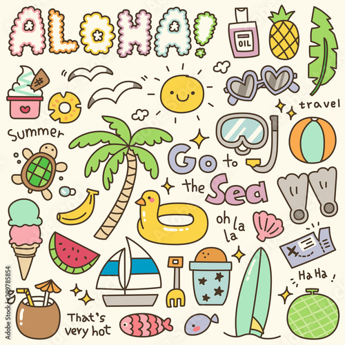 Set of Cute Summer Holiday Doodle. Hand Drawn. Vector Illustration.