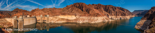 Panoramic View of Hoover Dam, Utah. Attracting more than a million visitors a year, Hoover Dam is located in Black Canyon, just minutes outside of Las Vegas on the Colorado River.