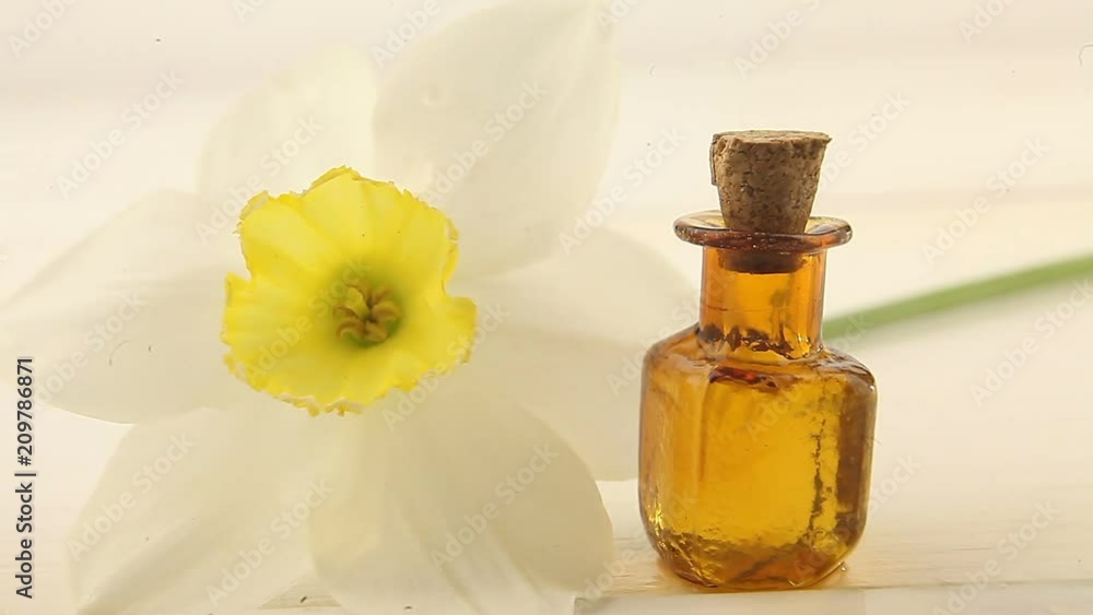 Essence of flowers on white in beautiful glass jar Essence of flowers on white in beautiful glass jar