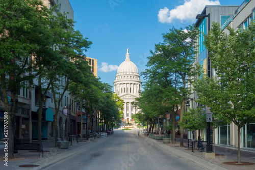 Wisconsin State Capitol building in a street scene in Madison, Wisconsin