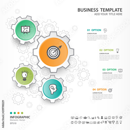 Infographics elements diagram with 4 steps, options, Vector illustration, gears 3d icon, presentation, advertisment, Process chart, business flyer, banner design, web design, timeline, silde