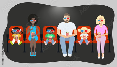 People watching a movie in the cinema. There are parents and their children with a popcorn in the picture. There is a man, young women, small girls and a boy here. Vector illustration