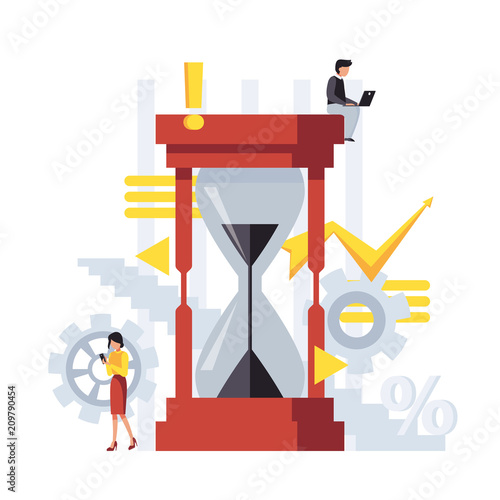 Vector business illustration with hourglass and gears, businessman and businesswoman thinking about time. Flat scene