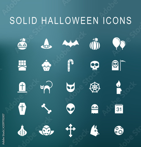 Set of 25 Universal Solid Halloween Icons on Dark Background . Isolated Elements