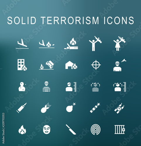 Set of 25 Universal Solid Terrorism Icons on Dark Background . Isolated Elements