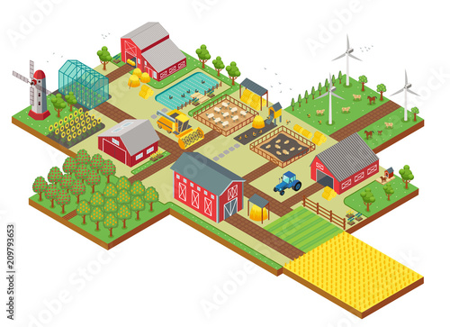 Vector 3d isometric rural farm with mill, garden field, farm animals, trees, tractor combine harvester, house, windmill and warehouse for app and game.