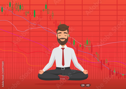 Young man trader meditating under falling crypto or stock market exchange chart. Business trader, finance stock market graph concept. Falling bearish red blood Stock Market. Balance feeling.