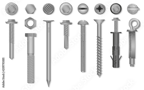 Realistic 3d vector screws, nuts, bolts, rivets and nails for fastening and fixing. photo
