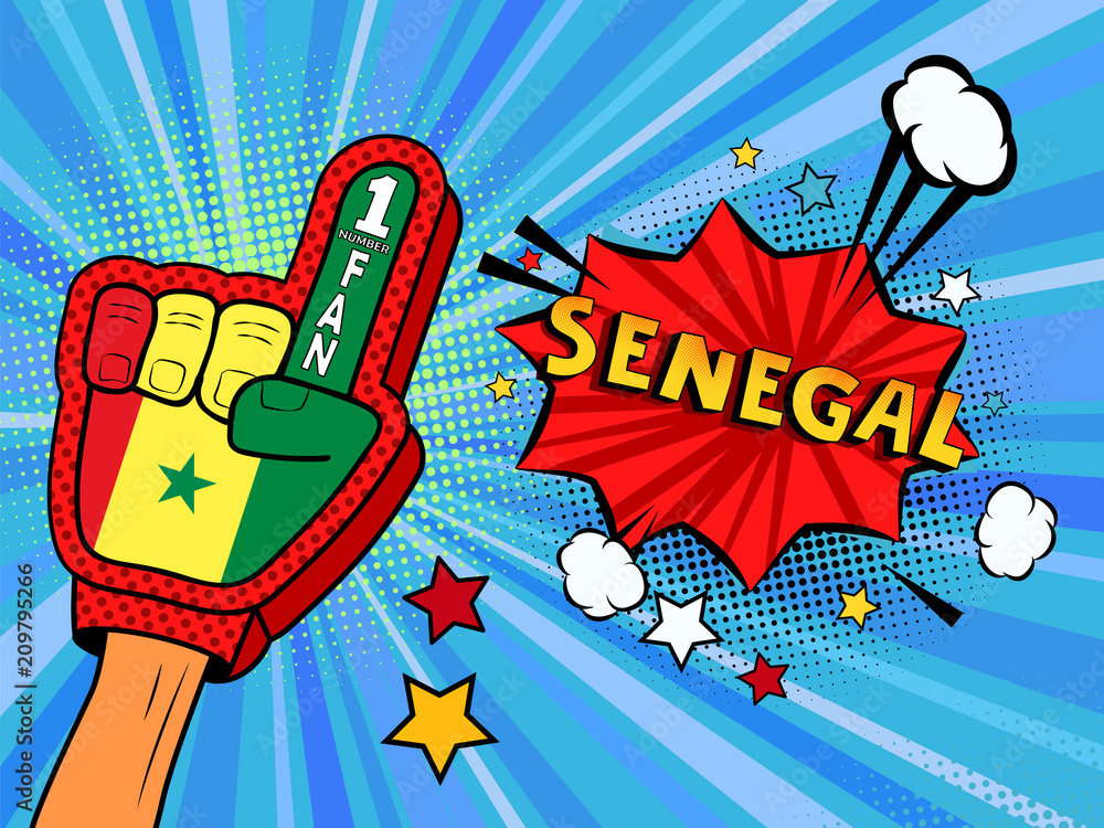 Fototapeta premium Male hand in the country flag glove of a sports fan raised up celebrating win and Senegal speech bubble with stars and clouds. Colorful illustration in retro comic style