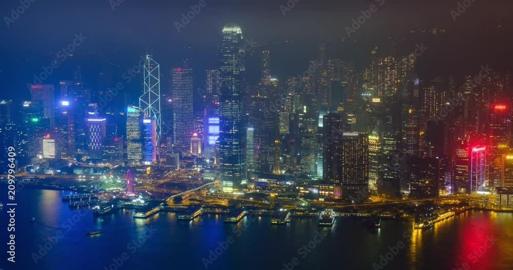 Aerial timelapse of illuminated Hong Kong skyline. Hong Kong, China Aerial timelapse of illuminated Hong Kong skyline. Hong Kong, China