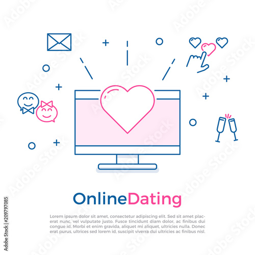 Online dating concept banner with computer, heart and other online and offline romance related icons