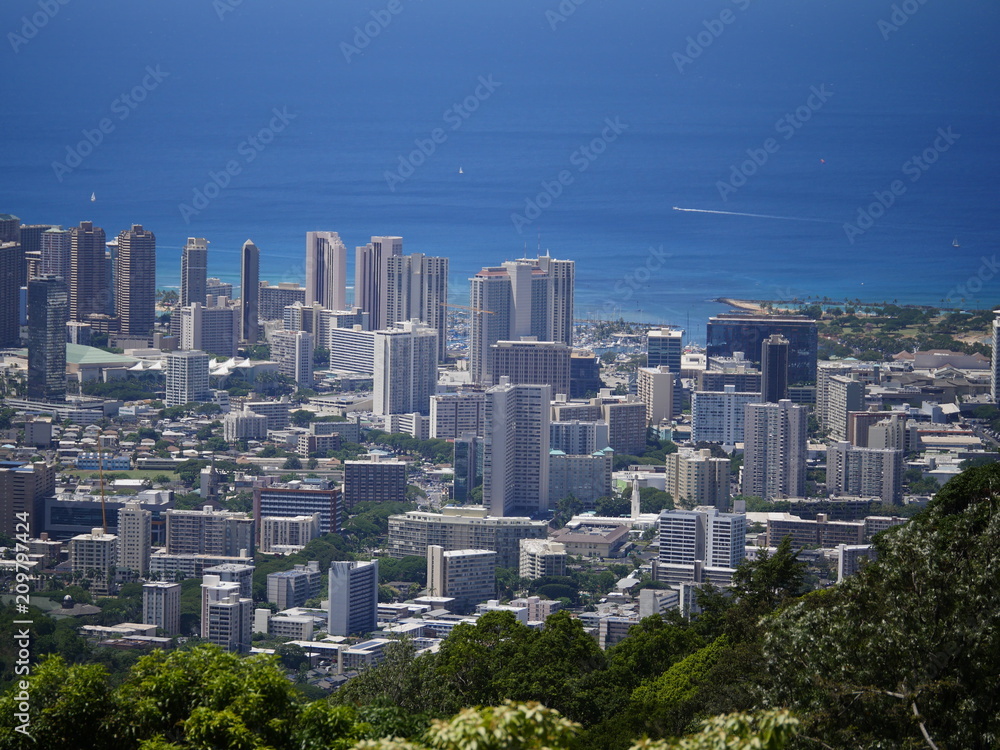 honolulu waikiki city view with blue ocean, from the top of the mountain