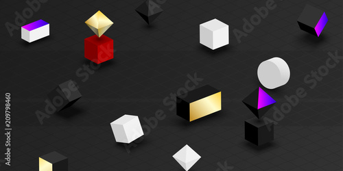 Grey background with color geometric 3d figures.