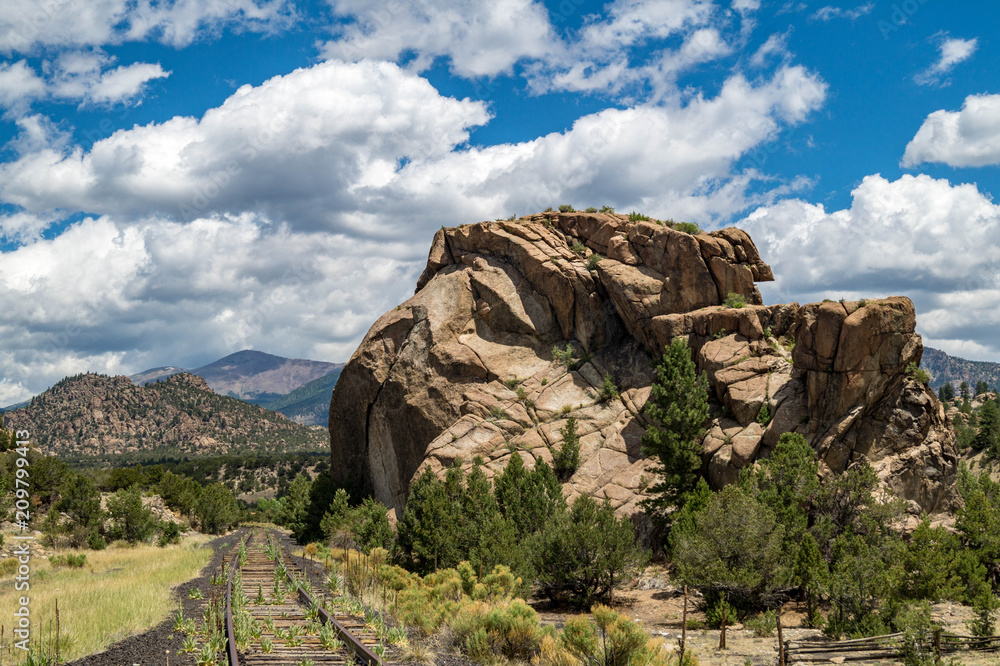 Unused railroad and natural rock formation in Buena Vista, Colorado, USA