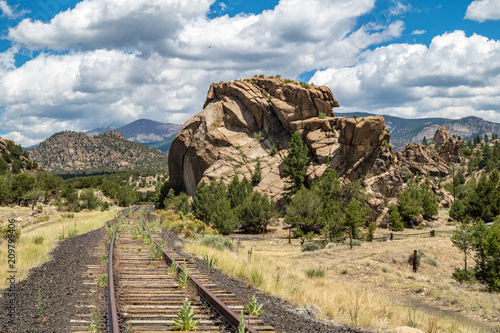 Unused railroad and natural rock formation in Buena Vista, Colorado, USA