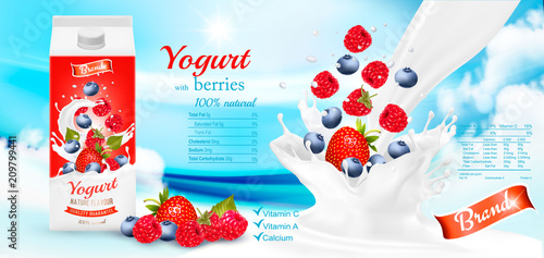 White yogurt with fresh berries in box. Advertisment design template. Vector