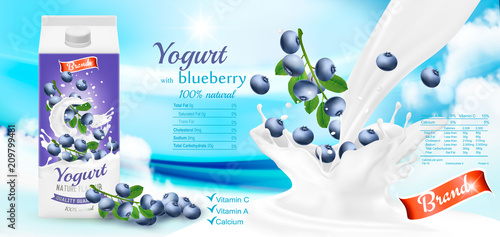 Fruit yogurt with berries advert concept. Yogurt flowing into a cup with fresh blueberry. Design template. Vector.
