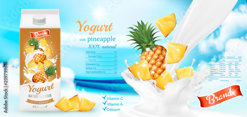 White yogurt with fresh pineapple in box. Advertisment design template. Vector