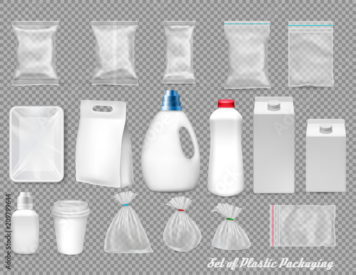 Big set of polypropylene plastic packaging - sacks, tray, bottels, boxes, cups on transparent background. Vector illustration