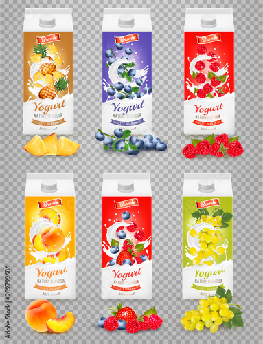 Set of yogurt in boxes with fruit and berries. Advertisment design template. Vector