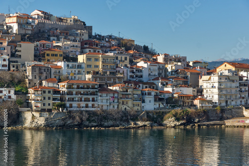 Panoramic view of Aegean sea and olt town of Kavala, East Macedonia and Thrace, Greece