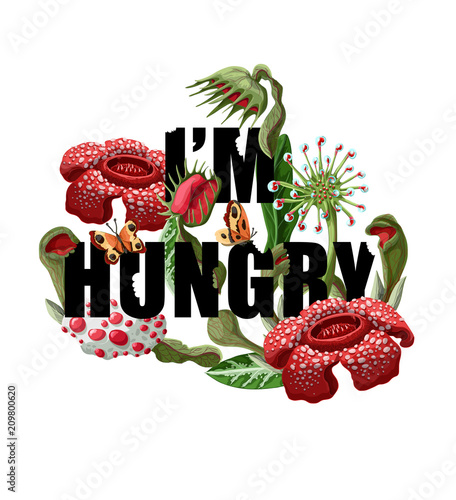 print for t-shirt with plant predators flowers such as Venus flycatcher, sundew and typographical slogan.