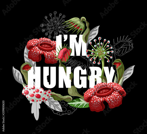 print for t-shirt with plant predators flowers such as Venus flycatcher, sundew and typographical slogan.