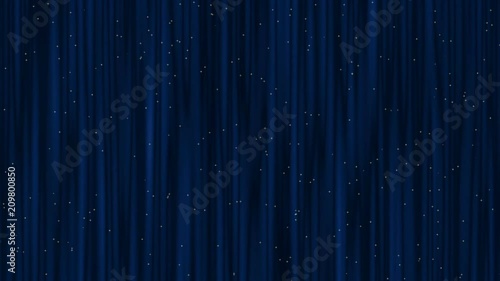 Blue theater curtain with golden twinkling stars, stage background. Waving closed stage curtain. Abstract illustration, animation, seamless loop
