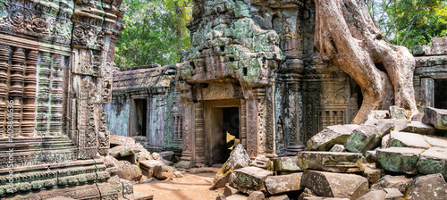 Tree roots over the beautiful Ta Prohm temple at Angkor, Siem Reap Province, Cambodia. It was founded by the Khmer King Jayavarman VII as a Mahayana Buddhist monastery and university. photo