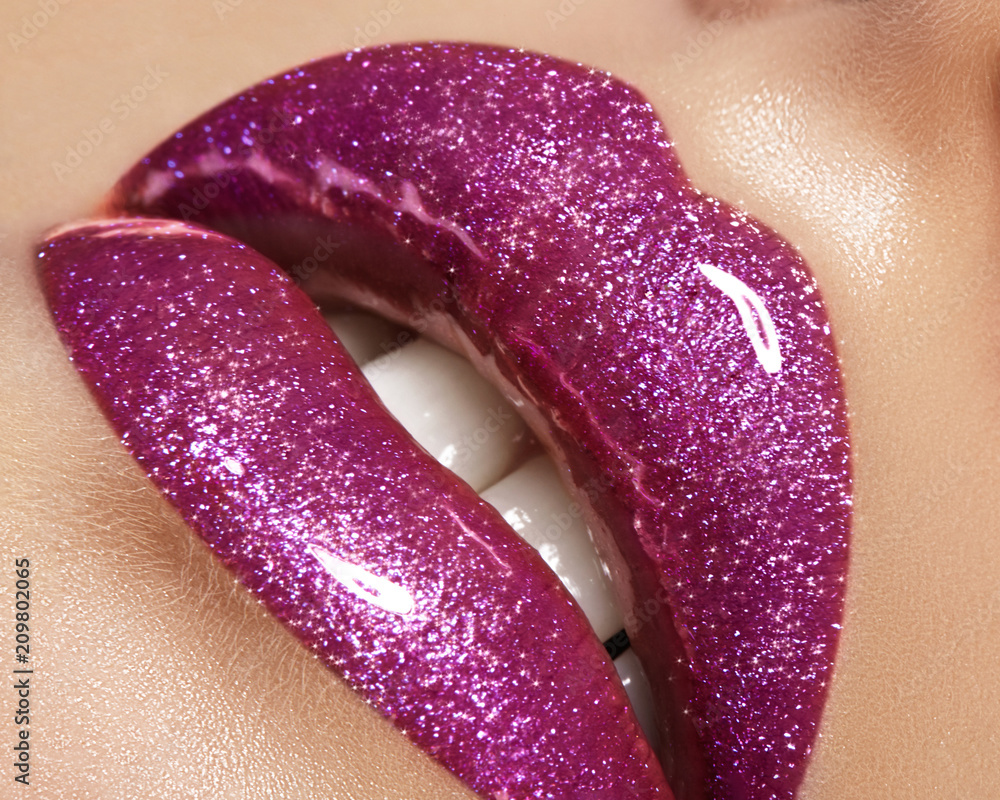Glamour Magenta Gloss Lip Make Up Fashion Makeup Beauty Shot Close Up Female Sexy Full Lips