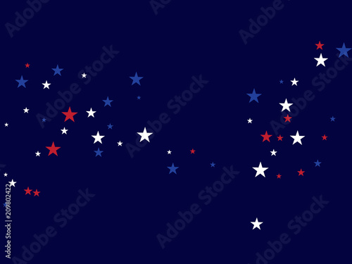 4th of July Independence Day American Stars Falling Confetti Vector Background. Red, Blue White Stars Border Patriotic Background. US, American Independence Day Banner, 4th of July Patriotic Bokeh.