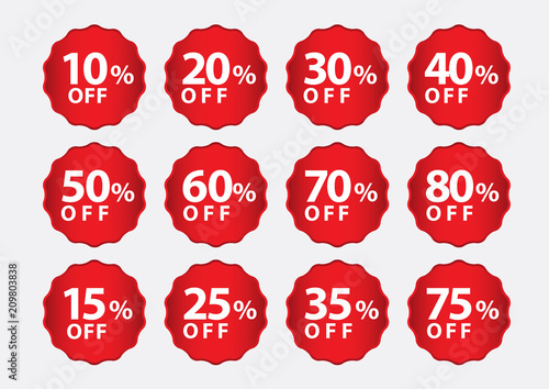  Percentage Off stickers, Sale Tags, Red Sale template, Labels, Discount, icon vector illustration