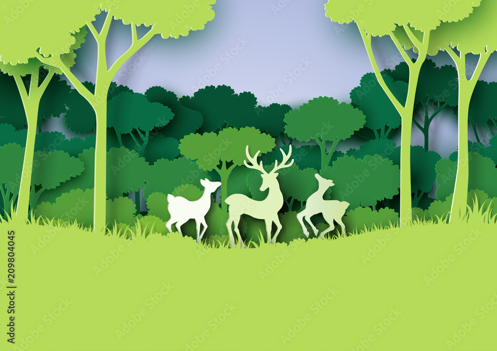 Deers wildlife family and nature forest landscape paper art style.Vector illustration.