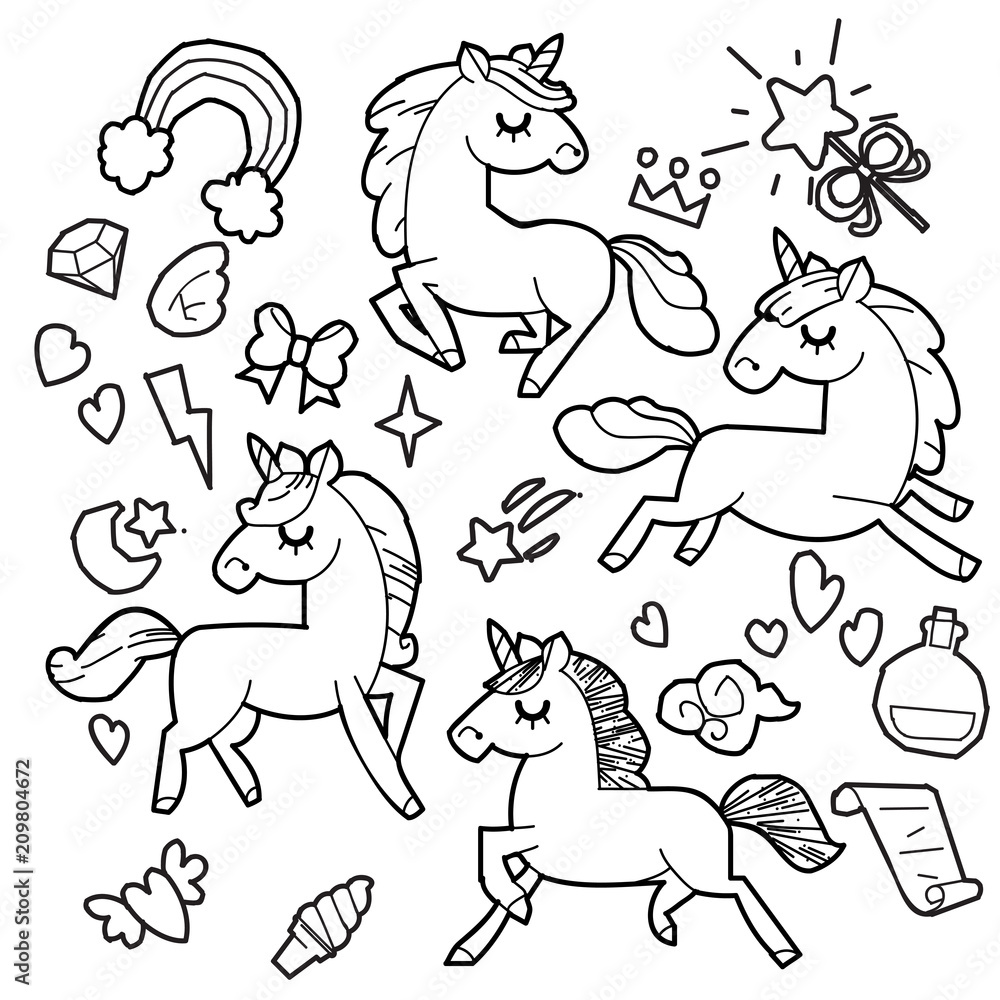 Cute unicorn and pony collection with magic items, rainbow, fairy wings, crystals, clouds, potion. Hand drawn line style. Vector doodles illustrations. Cute unicorn and pony collection with magic items, rainbow, fairy wings, crystals, clouds, potion. Hand drawn line style. Vector doodles illustrations.